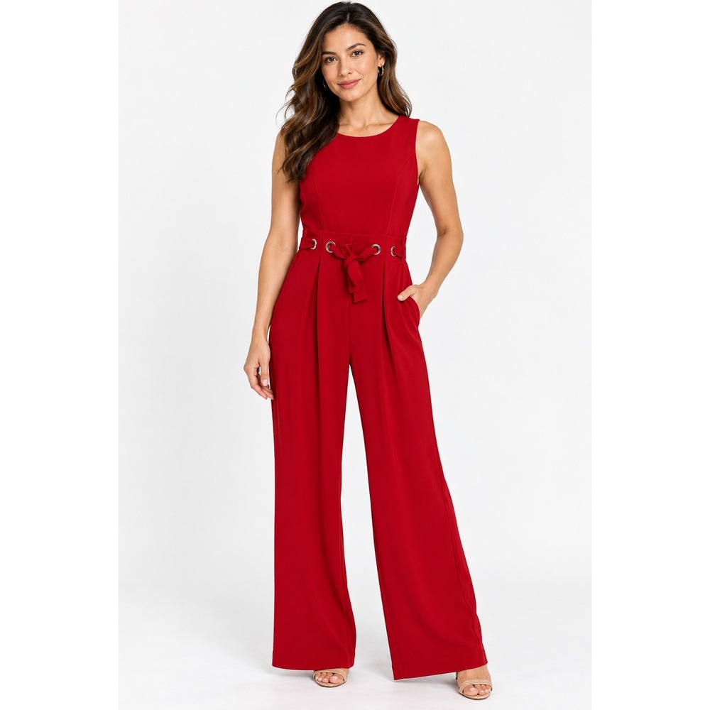 Spense Jumpsuit Red Belted Wide Leg Glam Modern Chic Minimalist Size 8 Cocktail